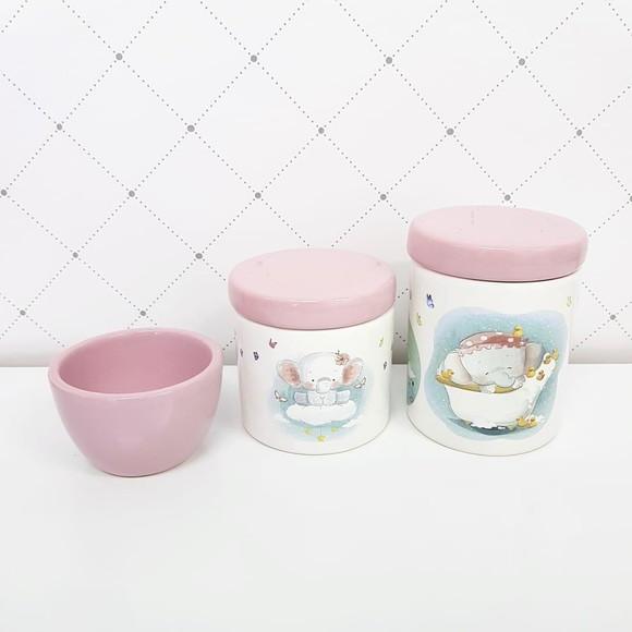 Kit Higiene 3 Peças Rosa Bebê e Branco - Elefantinha