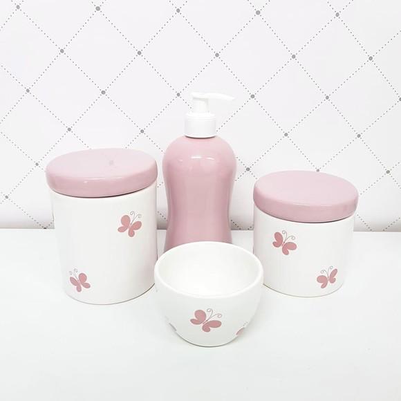 Kit Higiene 4 Peças Branco e Rosa Bebê - Borboleta