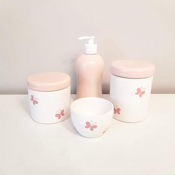 Kit Higiene 4 Peças Branco e Rosa Rosé - Borboleta