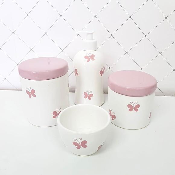 Kit Higiene 4 Peças Branco e Rosa Bebê - Borboleta Rosa