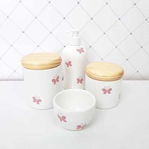 Kit Higiene 4 Peças Branco e Rosa Bebê - Borboleta Pinus