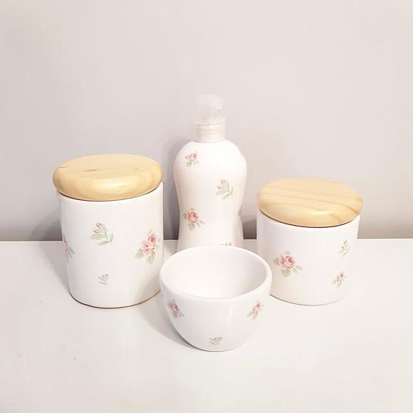 Kit Higiene 4 Peças Floral Rosé e Branco Pinus