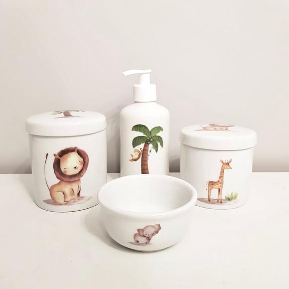 Kit Higiene 4 Peças Porcelana - Safári (animais da Selva)
