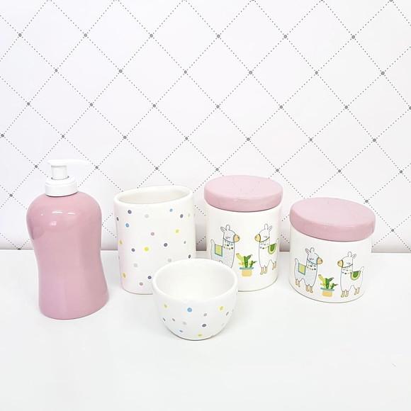 Kit Higiene 5 Peças Lhama - Rosa Bebê e Poás Coloridos