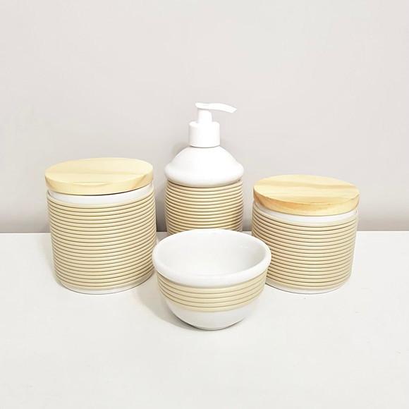 Kit Higiene 4 Peças Porcelana Alinhavado Bege Camurça Pinus