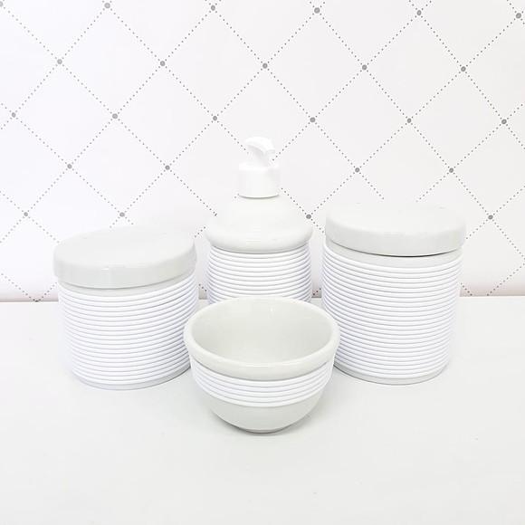 Kit Higiene 4 Peças Porcelana com Alinhavado - Branco