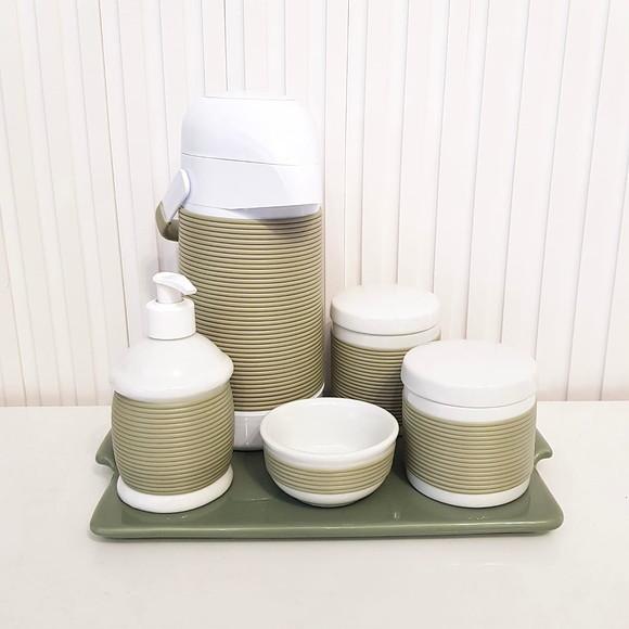 Kit Higiene Alinhavado Verde Oliva - Bandeja Reta