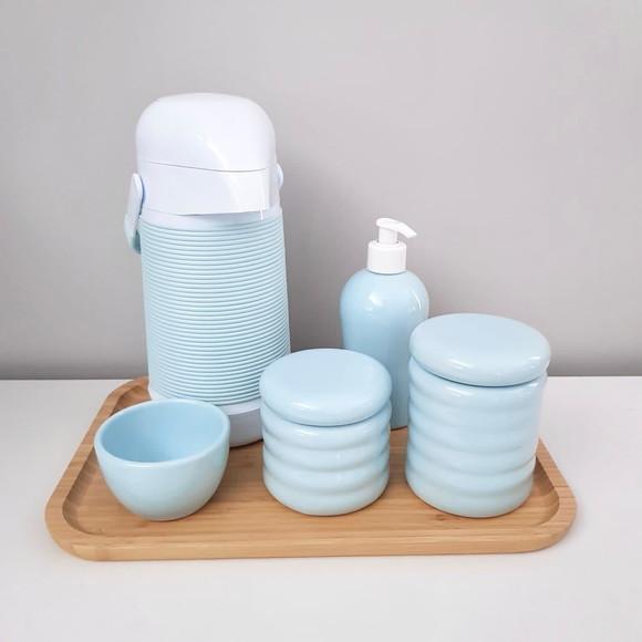 Kit Higiene Azul Antigo Ondulado - Bandeja Bambu