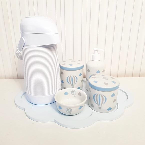 Kit Higiene Azul Bebê e Branco Balão - Nuvem + Alinhavada
