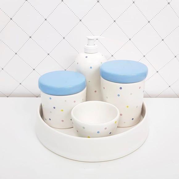 Kit Higiene Azul Bebê e Branco Poás Cerâmica