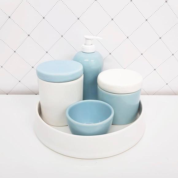 Kit Higiene Azul Antigo e Branco Cerâmica