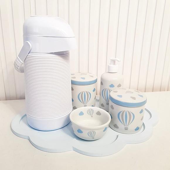 Kit Higiene Azul Bebê e Branco Balão - Nuvem + Alinhavada