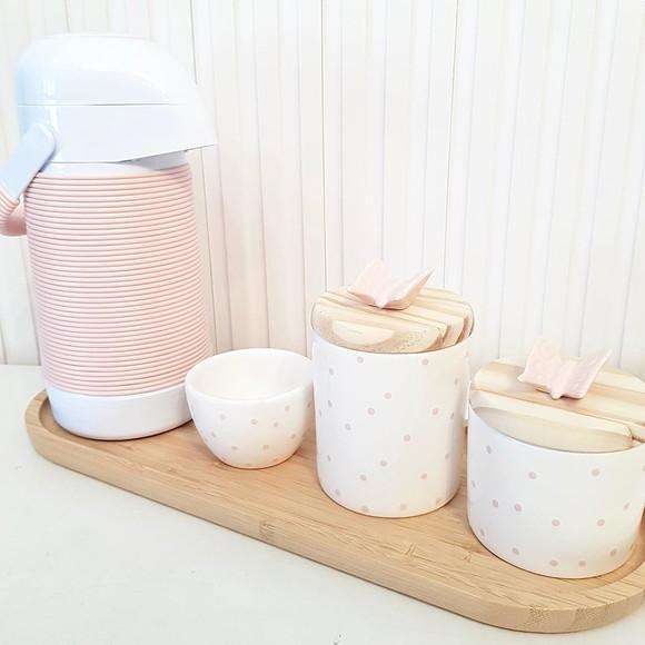 Kit Higiene Bebê 16x44cm Branco com Poás Rosé - Alinhavada