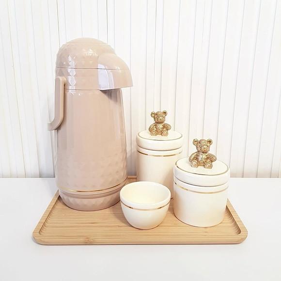 Kit Higiene Bebê 23x33cm Creme, Dourado + Ursinho