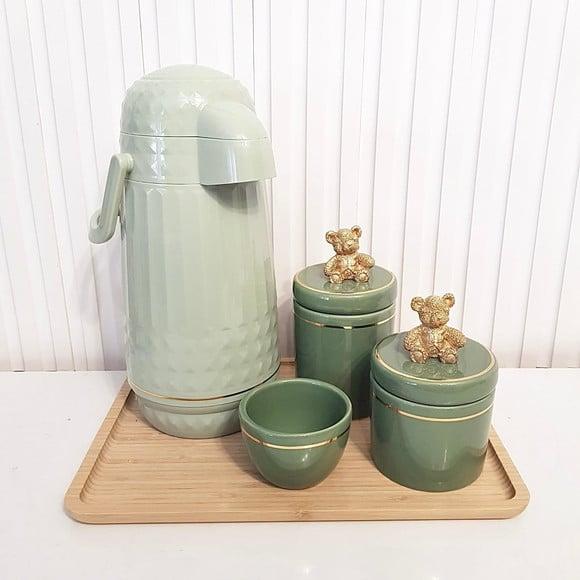 Kit Higiene Bebê 23x33cm Verde Militar, Dourado + Ursinho