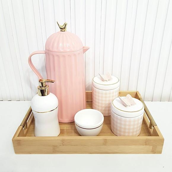 Kit Higiene Bebê 26x38cm Xadrez Vichy Rosa Branco c/ Dourado