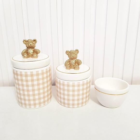 Kit Higiene Bebê 3 Pç Xadrez Bege Branco Filete Ouro Ursinho