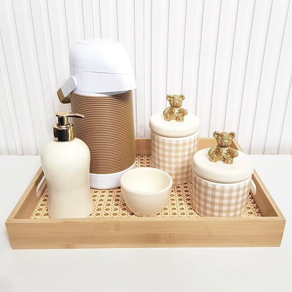 Kit Higiene Bebê 28x39cm Xadrez Vichy Bege Aplique Ursinho