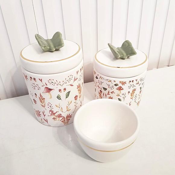 Kit Higiene Bebê 3 Pçs Bosque Cogumelo Bco Oliva e Dourado
