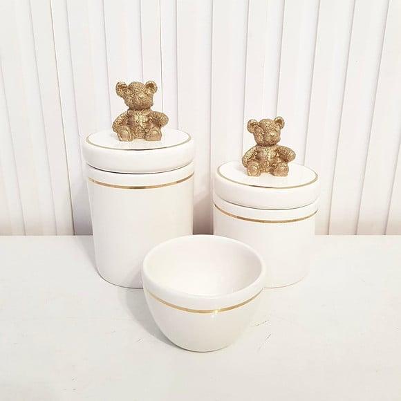 Kit Higiene Bebê 3 Pçs Branco Filete Dourado Aplique Ursinho