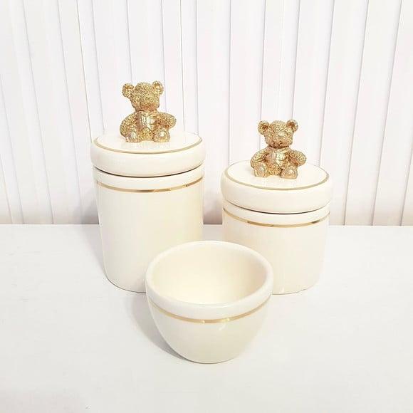 Kit Higiene Bebê 3 Pçs Creme Filete Dourado Aplique Ursinho