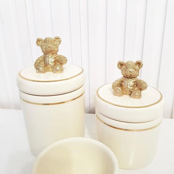 Kit Higiene Bebê 3 Pçs Creme Filete Dourado Aplique Ursinho