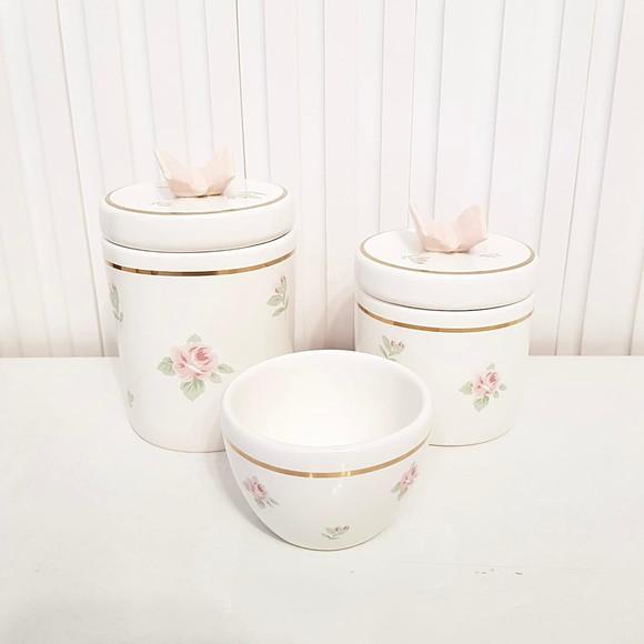 Kit Higiene Bebê 3 Pçs Floral Filete Ouro + Borboleta Rosé