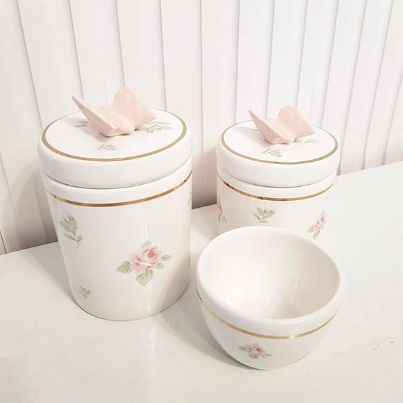 Kit Higiene Bebê 3 Pçs Floral Filete Ouro + Borboleta Rosé