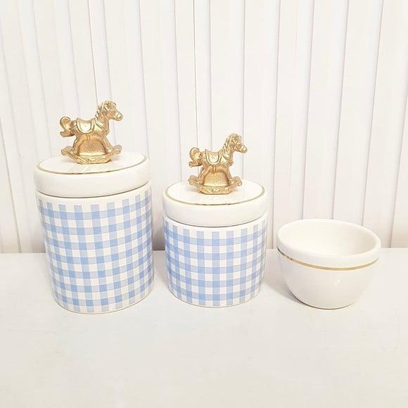 Kit Higiene Bebê 3 Pçs Xadrez Azul Filete Ouro + Cavalinho