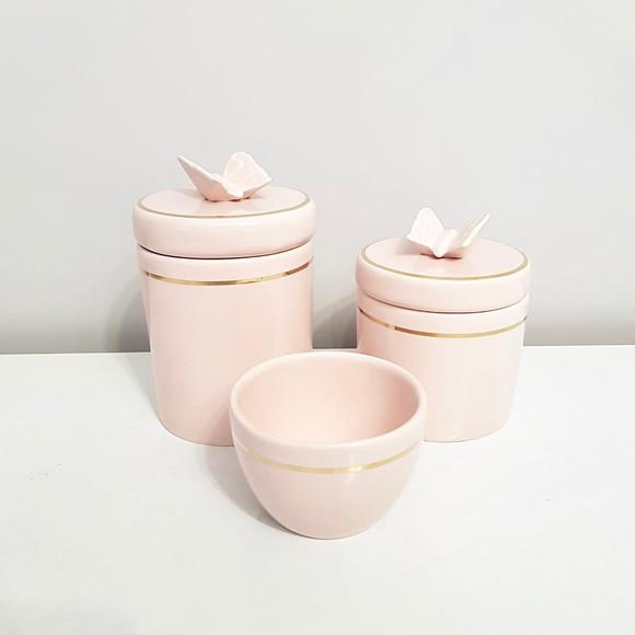 Kit Higiene Bebê 3 Pçs Rosé Filete Dourado Aplique Borboleta