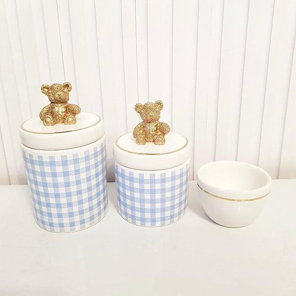 Kit Higiene Bebê 3 Pçs Xadrez Azul Filete Ouro Apl. Ursinho