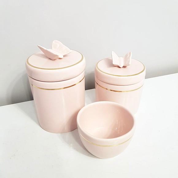 Kit Higiene Bebê 3 Pçs Rosé Filete Dourado Aplique Borboleta