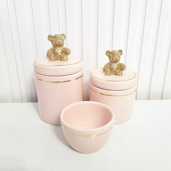 Kit Higiene Bebê 3 Pçs Rosé Filete Dourado Aplique Ursinho