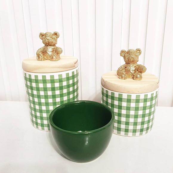 Kit Higiene Bebê 3 Pçs Xadrez Vichy Verde Pinus Urso Dourado