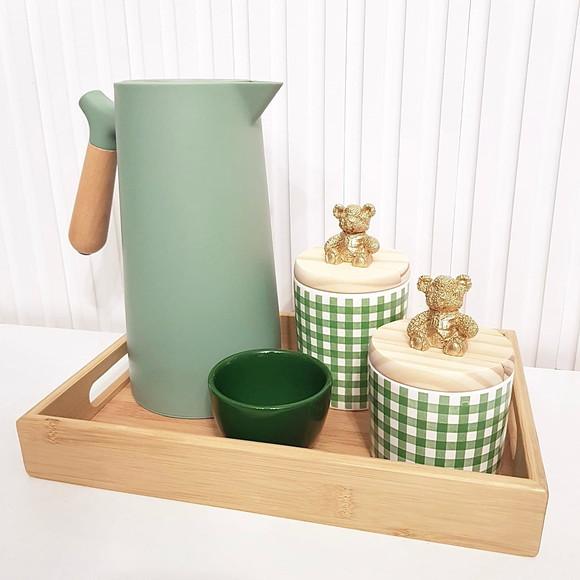 Kit Higiene Bebê 3 Pçs Xadrez Vichy Verde Pinus Urso Dourado
