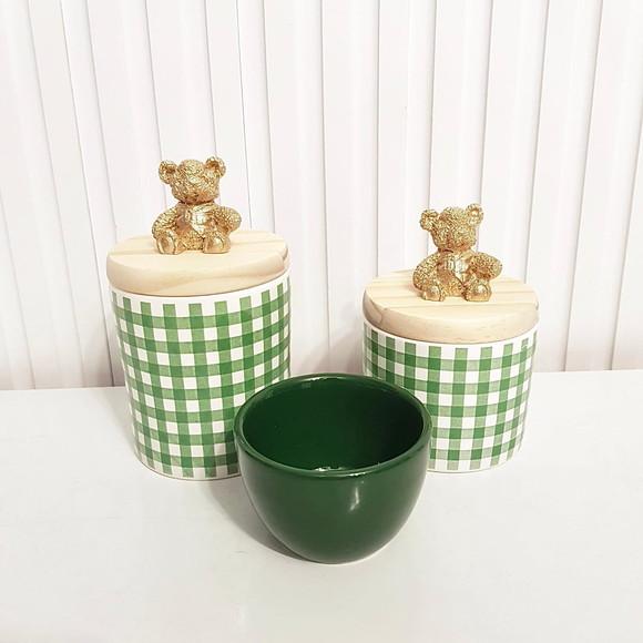 Kit Higiene Bebê 3 Pçs Xadrez Vichy Verde Pinus Urso Dourado