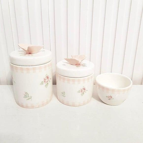 Kit Higiene Bebê 3 Peças Floral + Xadrez Rosa + Borboleta