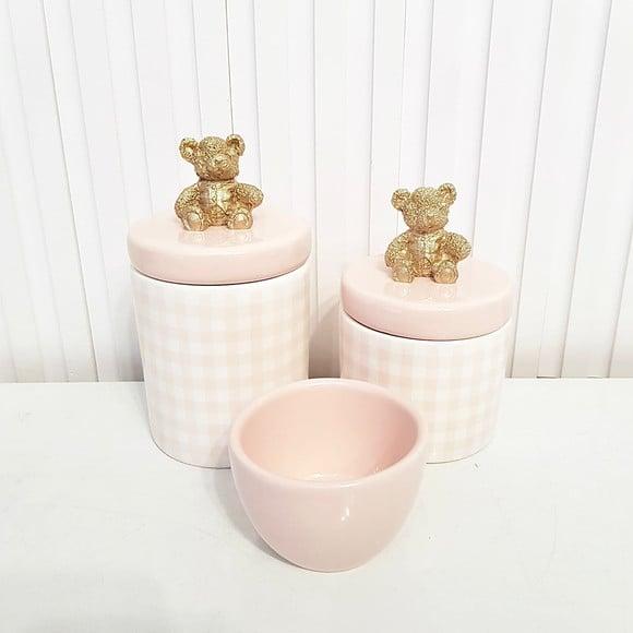 Kit Higiene Bebê 3 Peças Xadrez Vichy Rosa Aplique Ursinho