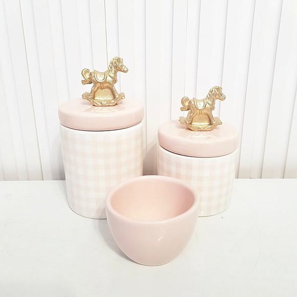 Kit Higiene Bebê 3 Peças Xadrez Vichy Rosa Aplique Cavalinho