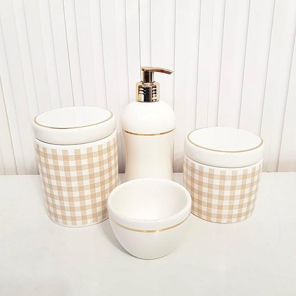 Kit Higiene Bebê 4 Pç Xadrez Vichy Bege Branco Filetedourado