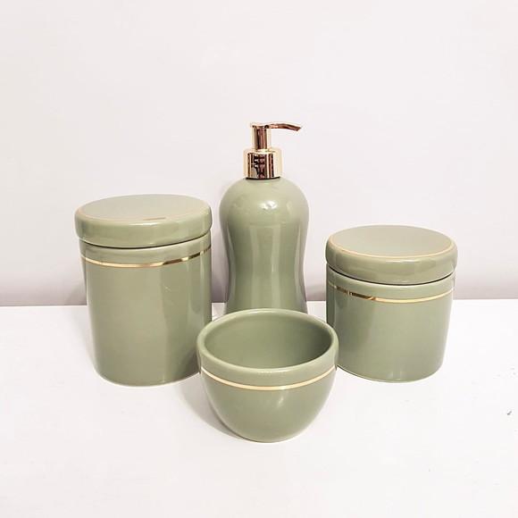 Kit Higiene Bebê 4 Pçs Cerâmica Verde Militar Filete Dourado