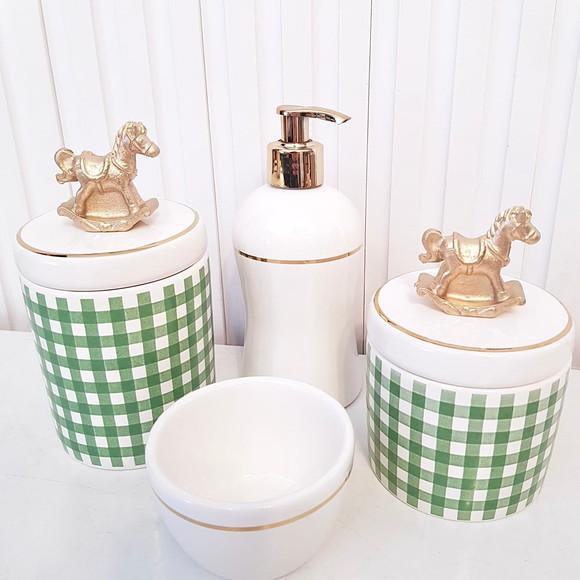 Kit Higiene Bebê 4 Pç Xadrez Verde Branco Fio Ouro Cavalinho