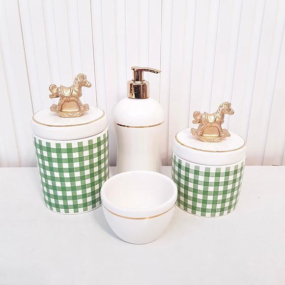 Kit Higiene Bebê 4 Pç Xadrez Verde Branco Fio Ouro Cavalinho