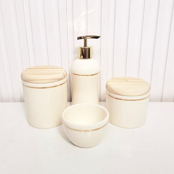 Kit Higiene Bebê 4 Pçs Cerâmica Creme Filete Dourado Pinus