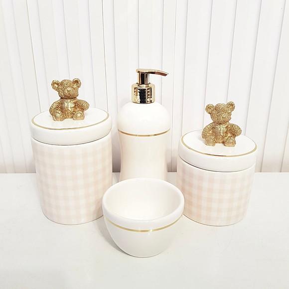Kit Higiene Bebê 4 Pç Xadrez Rosa Branco Filete Ouro Ursinho