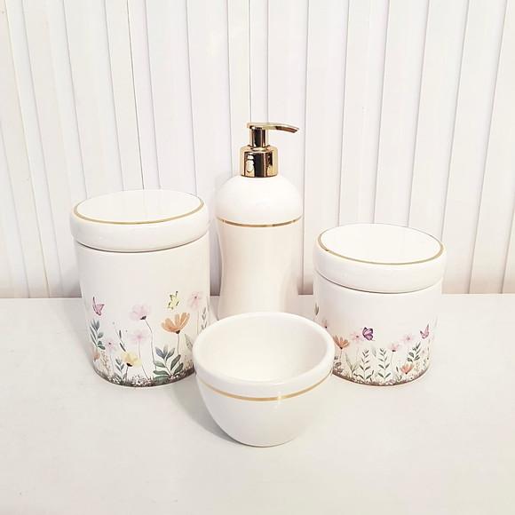 Kit Higiene Bebê 4 Pçs Jardim Encantado c/ Filete Dourado