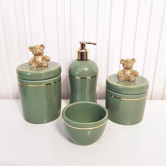 Kit Higiene Bebê 4 Pçs Verde Militar Filete Dourado Ursinho