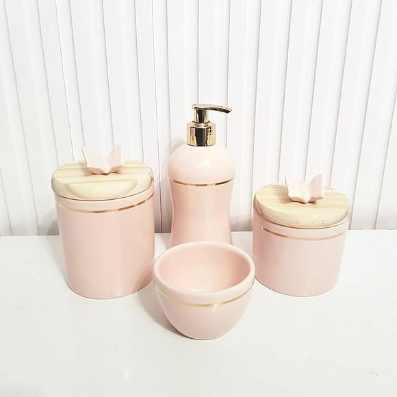 Kit Higiene Bebê 4 Pçs Rosé Filete Dourado Pinus - Borboleta