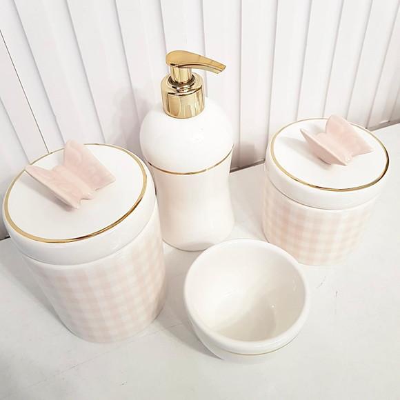 Kit Higiene Bebê 4 Pçs Xadrez Rosa Filete Dourado Borboleta