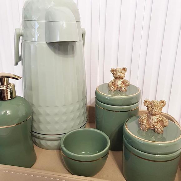 Kit Higiene Bebê 4 Pçs Verde Militar Filete Dourado Ursinho